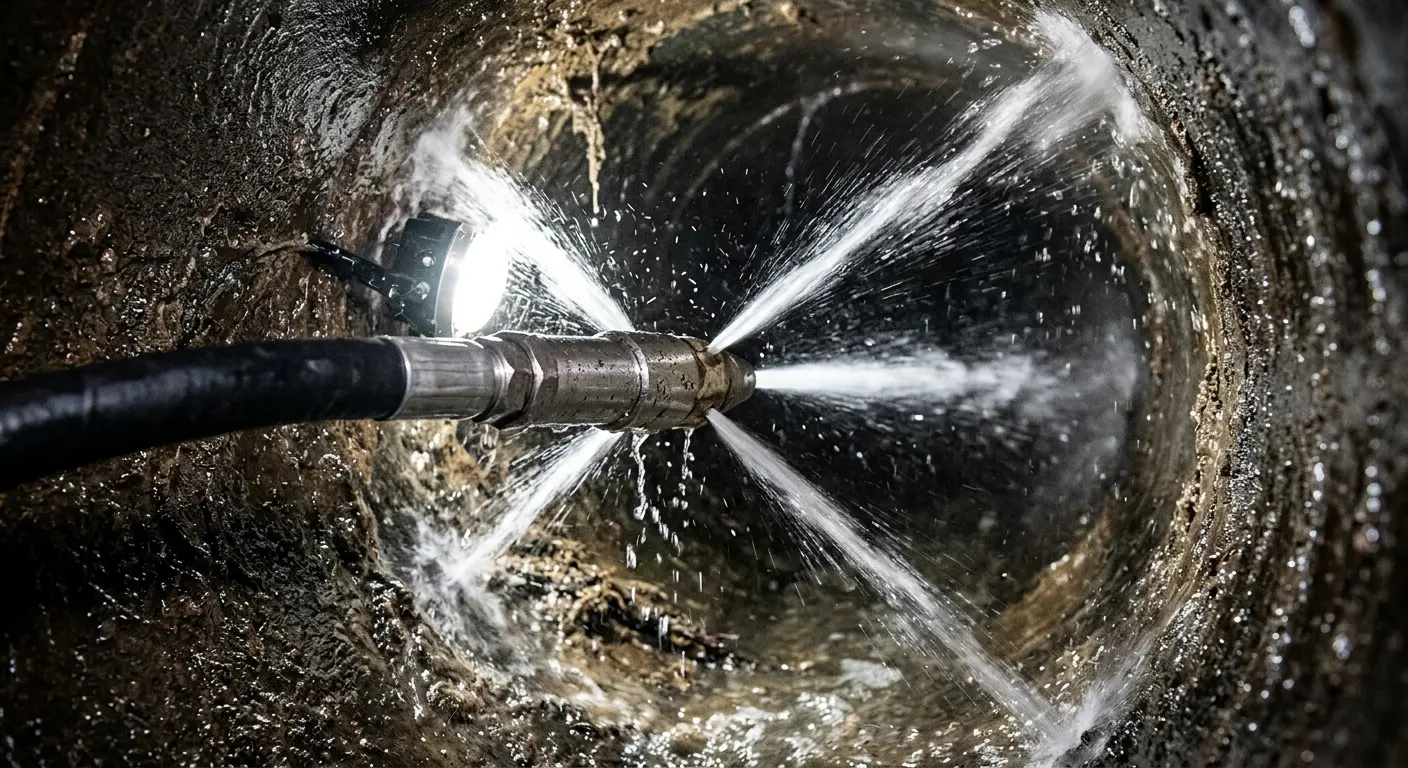 High-pressure hydro jetting nozzle cleaning sewer pipe for Storm Drain Cleaning in Riverside