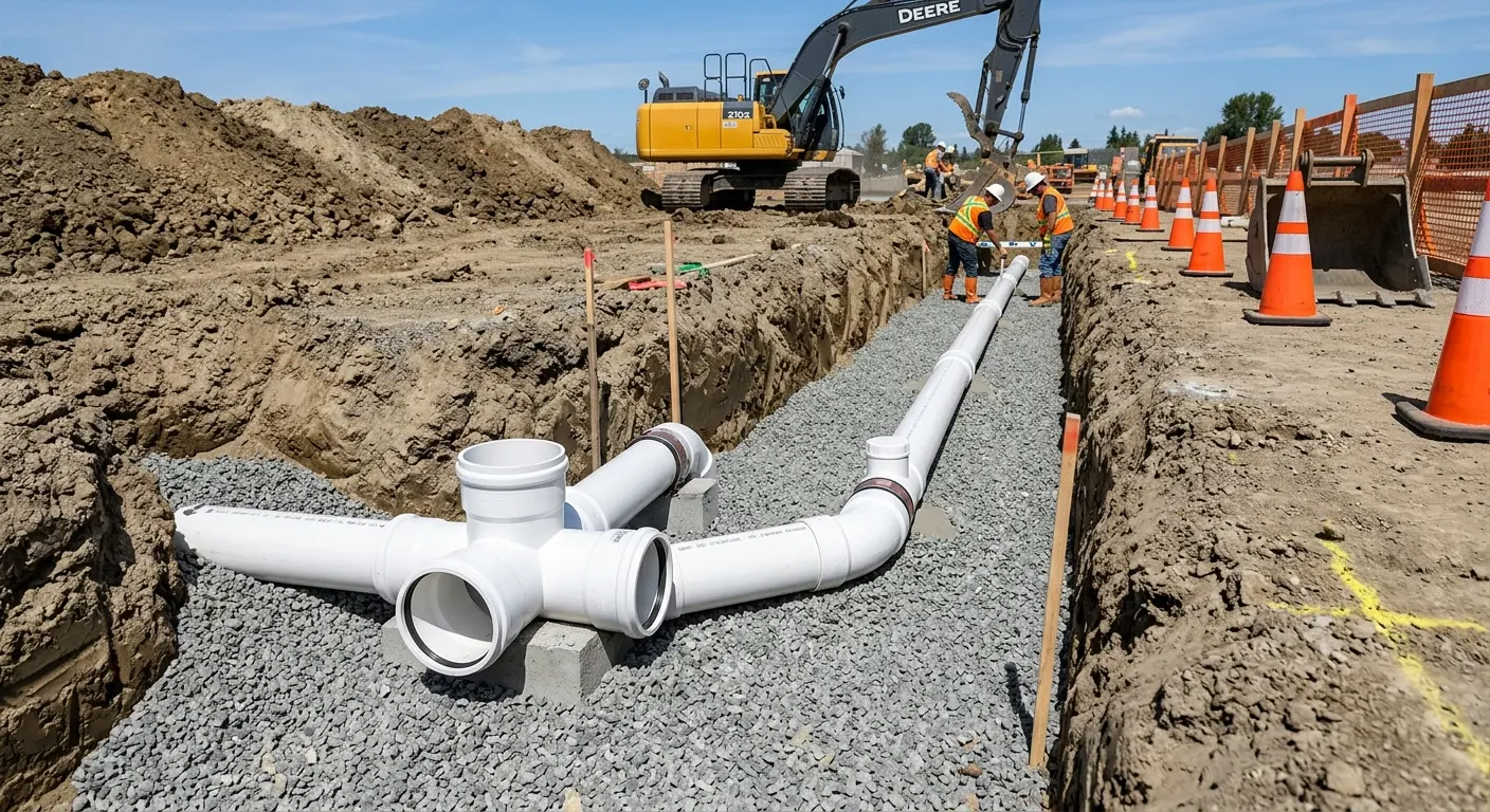 New PVC sewer pipe installation in open trench for Commercial Drain Cleaning in Riverside