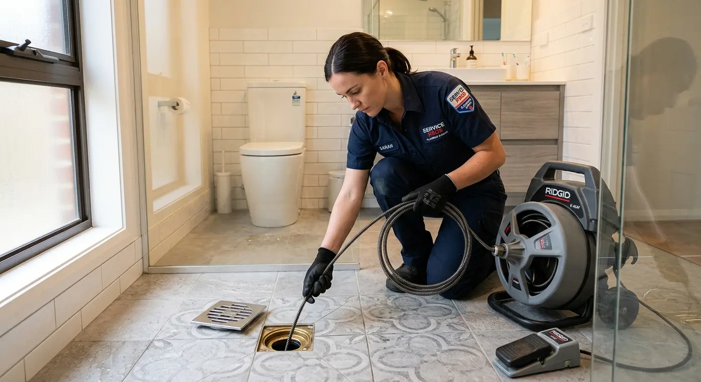 Technician clearing a bathroom floor drain for Sewer Line Installation in Riverside